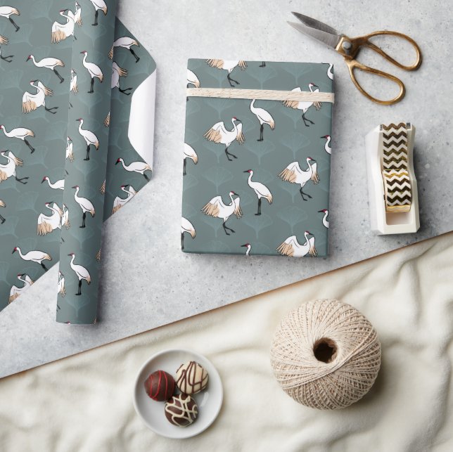 Elegant Japanese Cranes & Gingko Leaves Wrapping Paper (Crafts)