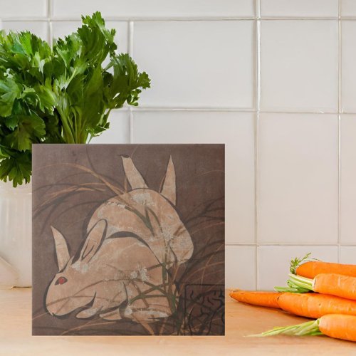 Elegant Japanese Fine Art Vintage Rabbits Neutral Ceramic Tile