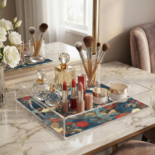 Elegant Japanese Floral Crane Peony Vanity Decor Acrylic Tray