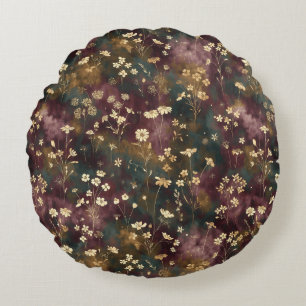 Elegant Japanese Floral – Moody Plum & Teal Round Pillow