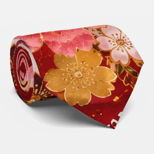 Elegant Japanese Floral Necktie | Red Kimono Inspi