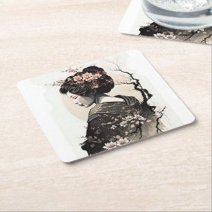 Elegant Japanese Geisha -  Square Paper Coaster