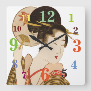 Elegant Japanese Geisha With Fan Wall Clock