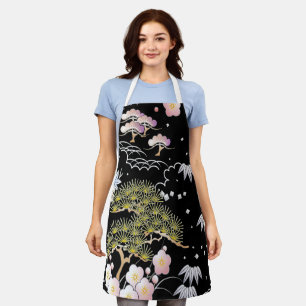 Elegant Japanese Inspired Botanical Artwork   Apron