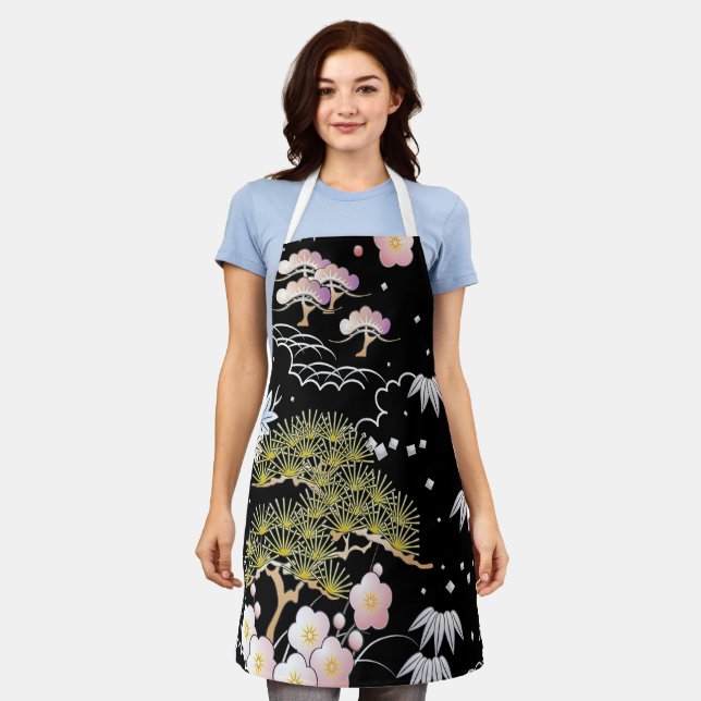 Elegant Japanese Inspired Botanical Artwork | Apron (Worn)
