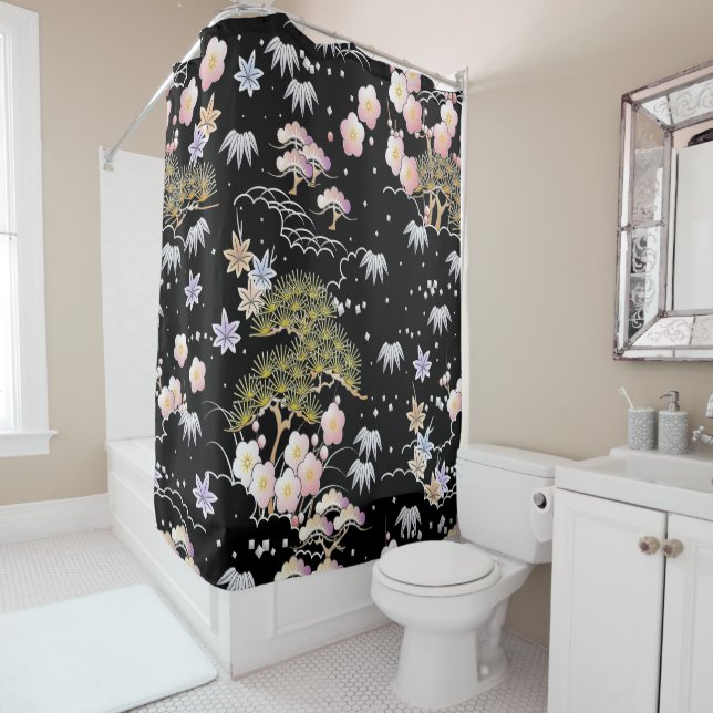 Elegant Japanese Inspired Botanical Artwork | Shower Curtain (In Situ)