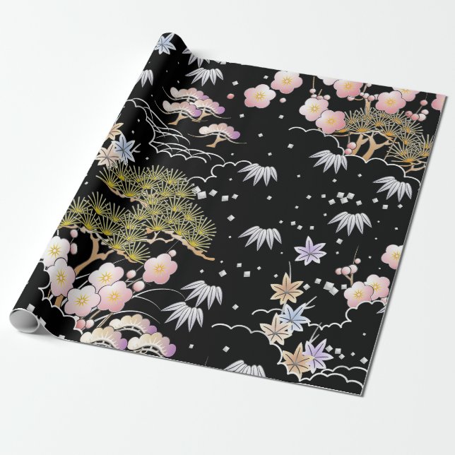 Elegant Japanese Inspired Botanical Artwork | Wrapping Paper (Unrolled)