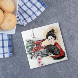 Elegant Japanese Pagoda Geisha Girl Ceramic Tile