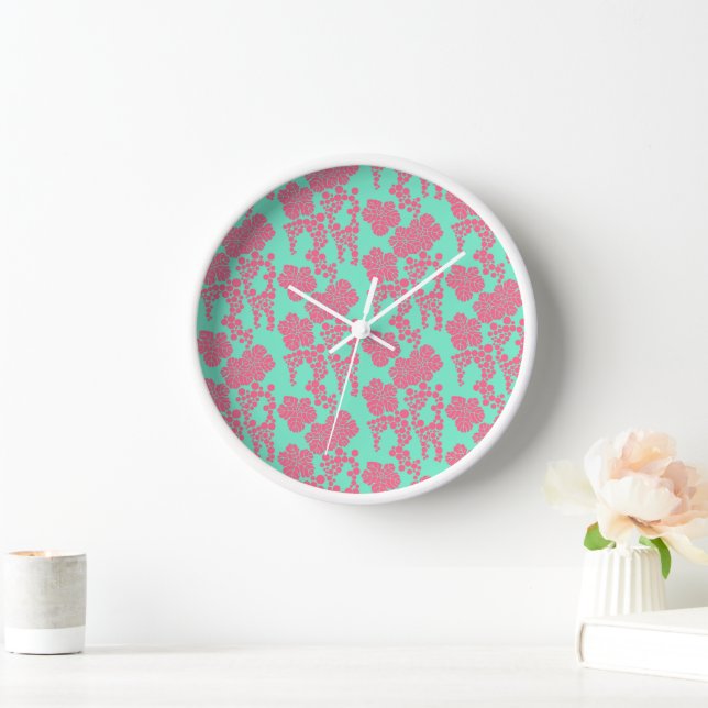 Elegant Japanese Pink & Teal Floral Print  Wall Clock (Home)