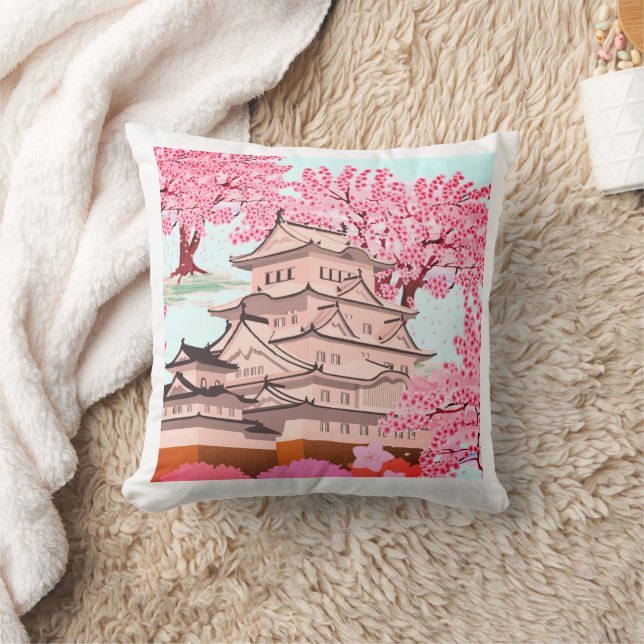 Elegant Japanese Sakura Castle Art Throw Pillow -  (Blanket)