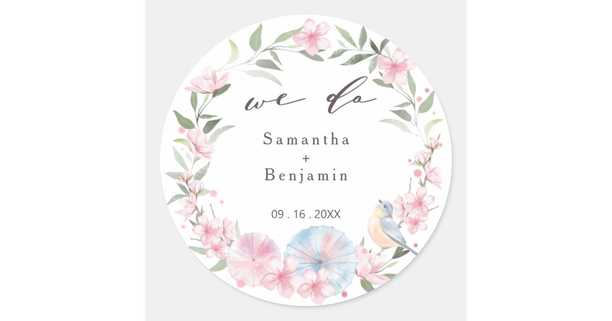 Elegant Japanese Sakura Cherry Blossom Wedding Classic Round Sticker ...