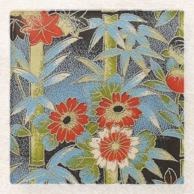 Elegant Japanese Washi Origami Bamboo Flowers Glass Coaster (Front)