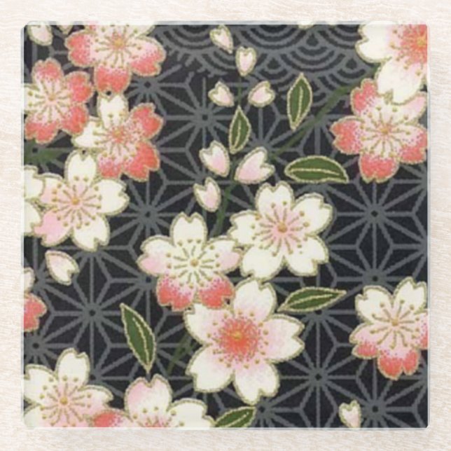 Elegant Japanese Washi Origami Cherry Blossoms Glass Coaster (Front)