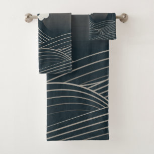 Elegant Japanese Waves Black and White Artwork Bath Towel Set