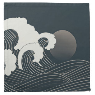 Elegant Japanese Waves Black and White Artwork   Cloth Napkin