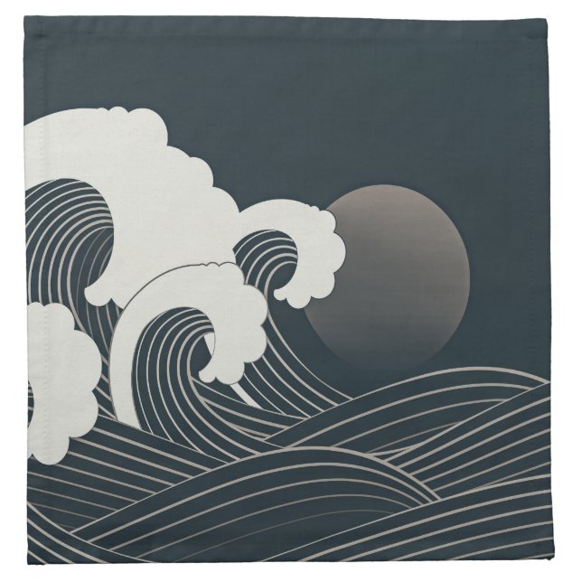 Elegant Japanese Waves Black and White Artwork | Cloth Napkin (Front)