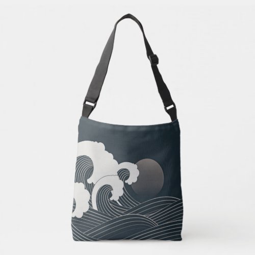 Elegant Japanese Waves Black and White Artwork  Crossbody Bag