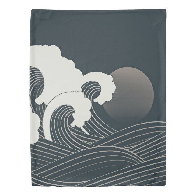 Elegant Japanese Waves Black and White Artwork | Duvet Cover (Front)