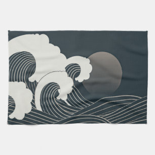 Elegant Japanese Waves Black and White Artwork Kitchen Towel