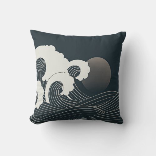 Elegant Japanese Waves Black and White Artwork  Throw Pillow