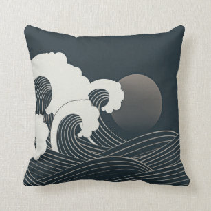 Elegant Japanese Waves Black and White Artwork   Throw Pillow