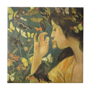 Elegant Japanese Woman With Beautiful Butterflies Ceramic Tile