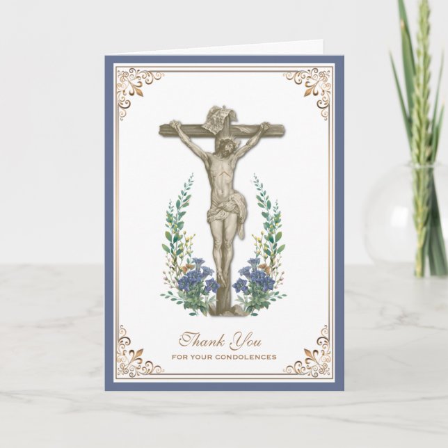 Elegant Jesus Cross  Catholic Condolence Thank You Card (Front)