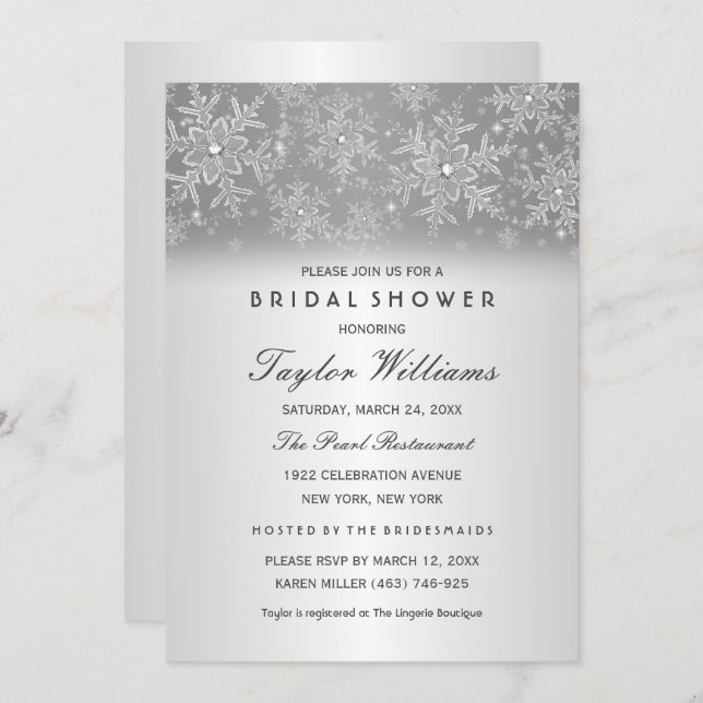 Elegant Jewel Silver Snowflake Bridal Shower Invitation (Front/Back)