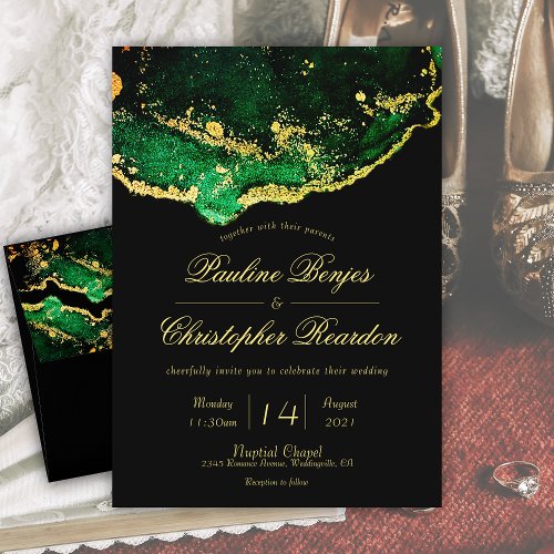 Elegant Jewel_Tone Green Black Gold Wedding Invitation