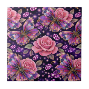 Elegant Jeweled Butterfly Pinnk Rose Glam Pattern Ceramic Tile