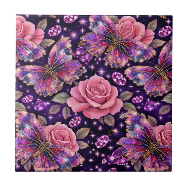 Elegant Jeweled Butterfly Pinnk Rose Glam Pattern Ceramic Tile (Front)