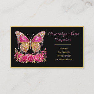 Elegant Jeweled Butterfly & Rose Pink Black Gold Business Card
