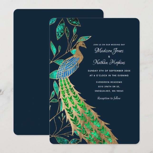 Elegant Jeweled Peacock Wedding Invitation (Front/Back)