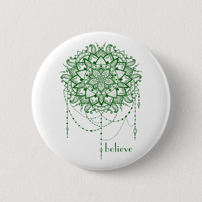 Elegant Jeweled Zen Mandala "Believe" Pinback Button (Front)