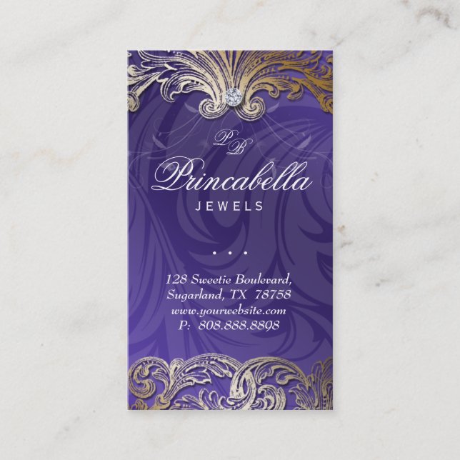 Elegant Jewelry Business Card Leaves Purple Gold (Front)