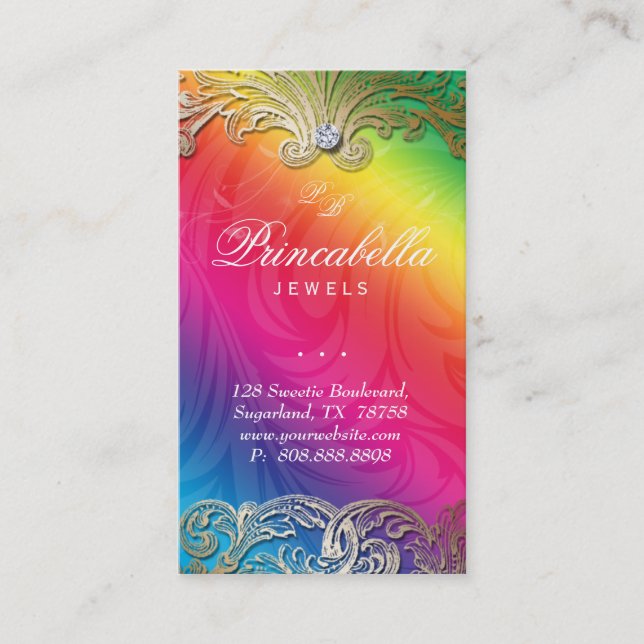 Elegant Jewelry Business Card Leaves Rainbow (Front)
