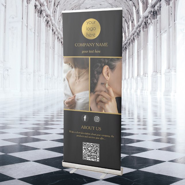 Elegant Jewelry Business Promotional 2 Photo Black Retractable Banner (Creator Uploaded)