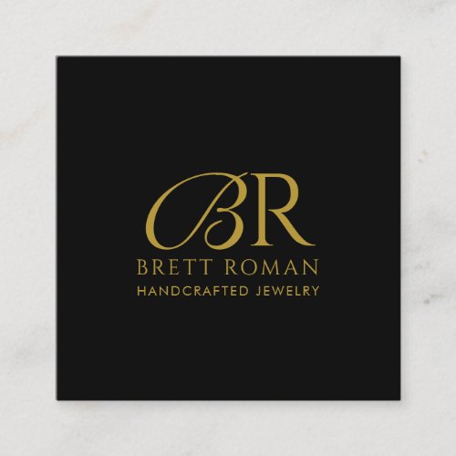 Elegant Jewelry Designer Gold Monogram Black Square Business Card