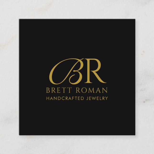 Elegant Jewelry Designer Gold Monogram Black Square Business Card (Front)