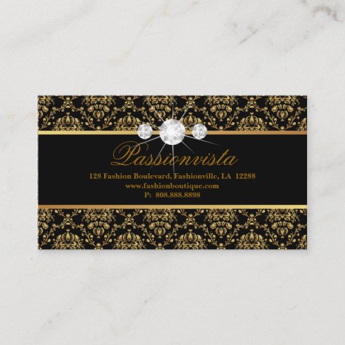 Elegant Jewelry Diamonds Gold Black Damask Business Card Template