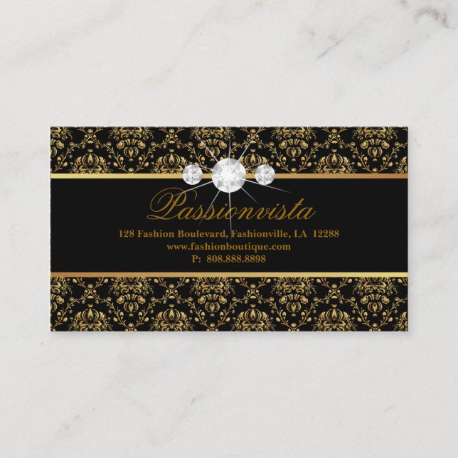 Elegant Jewelry Diamonds Gold Black Damask Business Card (Front)