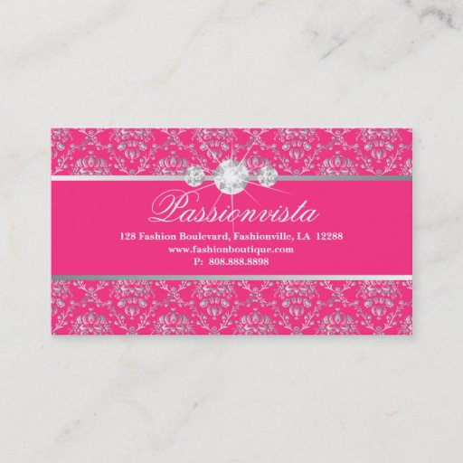 Customizable Elegant Jewelry Diamonds Silver Pink Damask Business Card Template