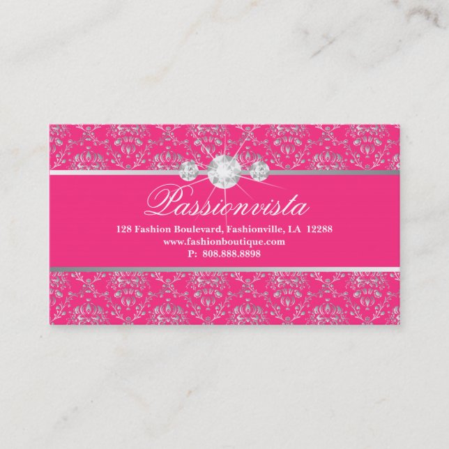 Elegant Jewelry Diamonds Silver Pink Damask Business Card (Front)
