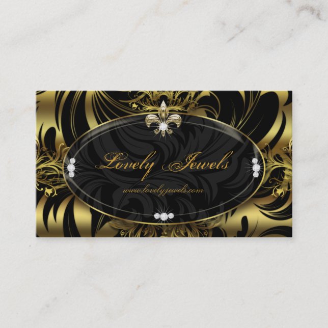 Elegant Jewelry Fashion Fleur de lis Black Gold Business Card (Front)