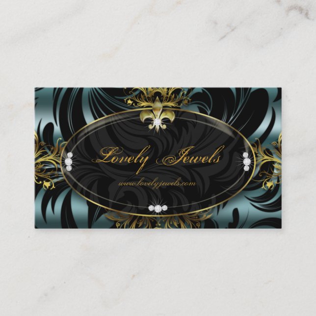 Elegant Jewelry Fashion Fleur de lis Gold Teal Business Card (Front)