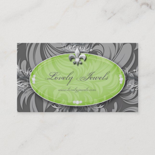 Elegant Jewelry Fashion Fleur de lis Green Gray Business Card (Front)