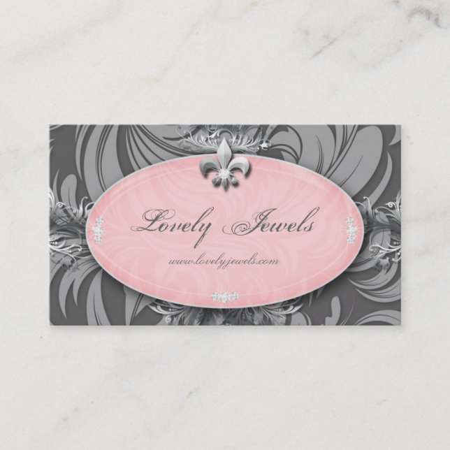 Elegant Jewelry Fashion Fleur de lis Pink Gray Business Card (Front)