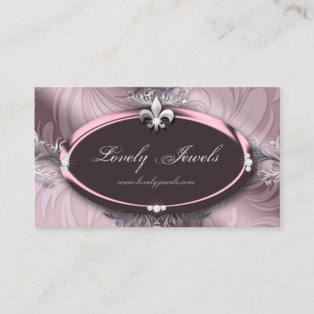 Elegant Jewelry Fashion Fleur de lis Pink Rose Business Card (Front)
