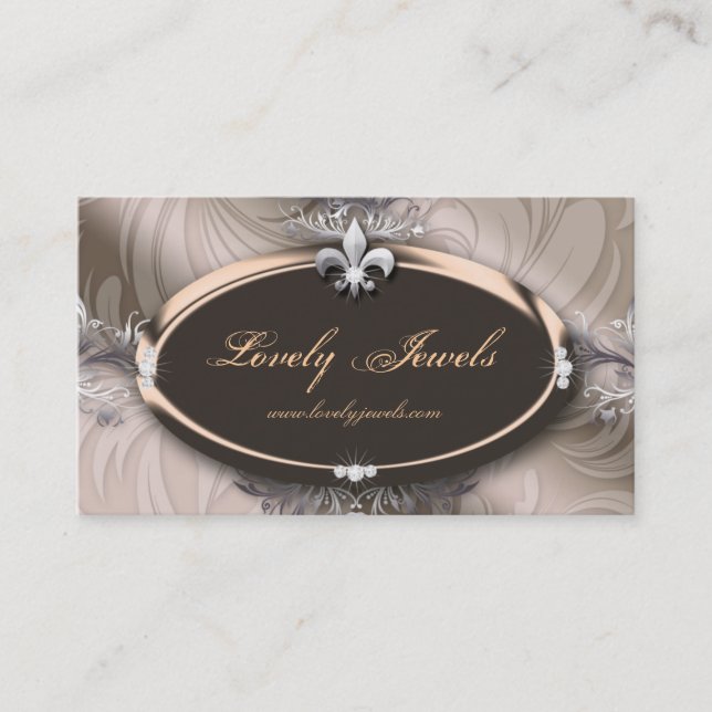 Elegant Jewelry Fashion Fleur de lis Taupe Beige Business Card (Front)