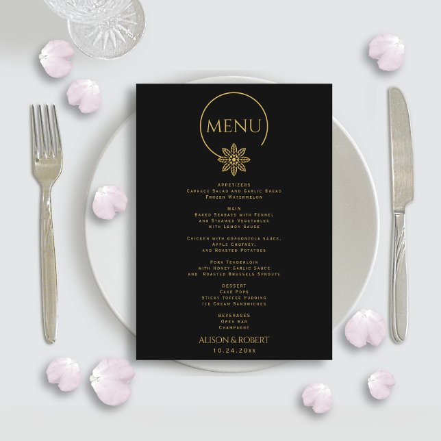Elegant jewelry inspired frame and flower wedding menu (Creator Uploaded)
